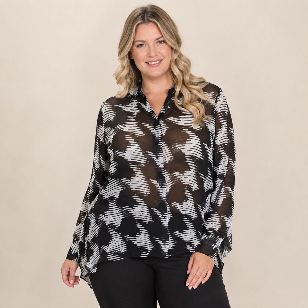 INC International Concepts Glitterati Sheer Abstract Houndstooth Blouse 0X NWT